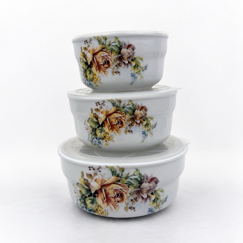 Victorian Trading Co Vintage Rose Ceramic Nesting Bowls With Lids Set of 3